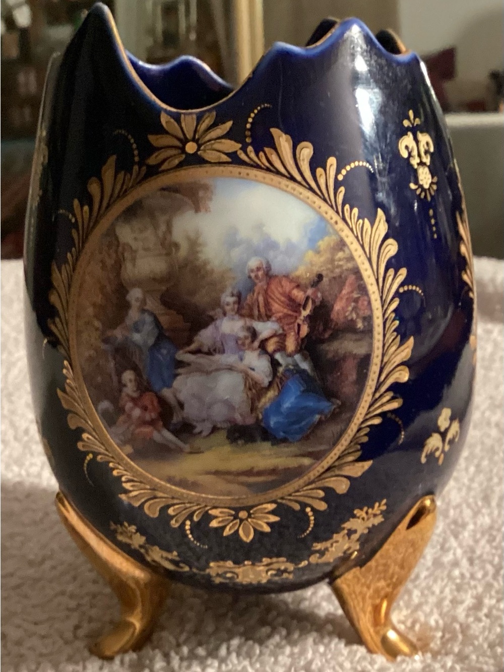 Limoges Cobalt Blue Porcelain Vase with Gold Filigree and Pastoral Scene